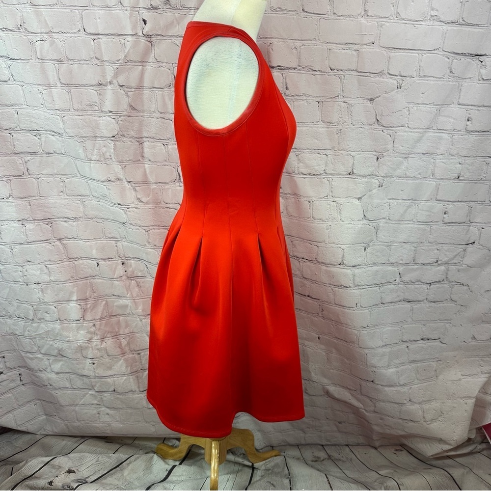ann taylor bright red fit and flair pleated midi dress sz 0 sleeveless office - Picture 2 of 10